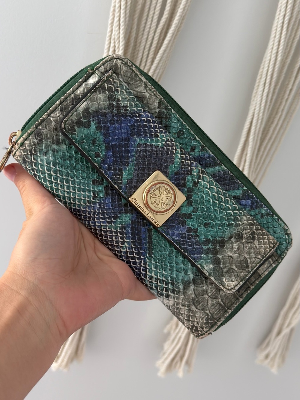 Christian Lacroix Teal Green Blue Snakeskin Zip Wallet with Gold Logo